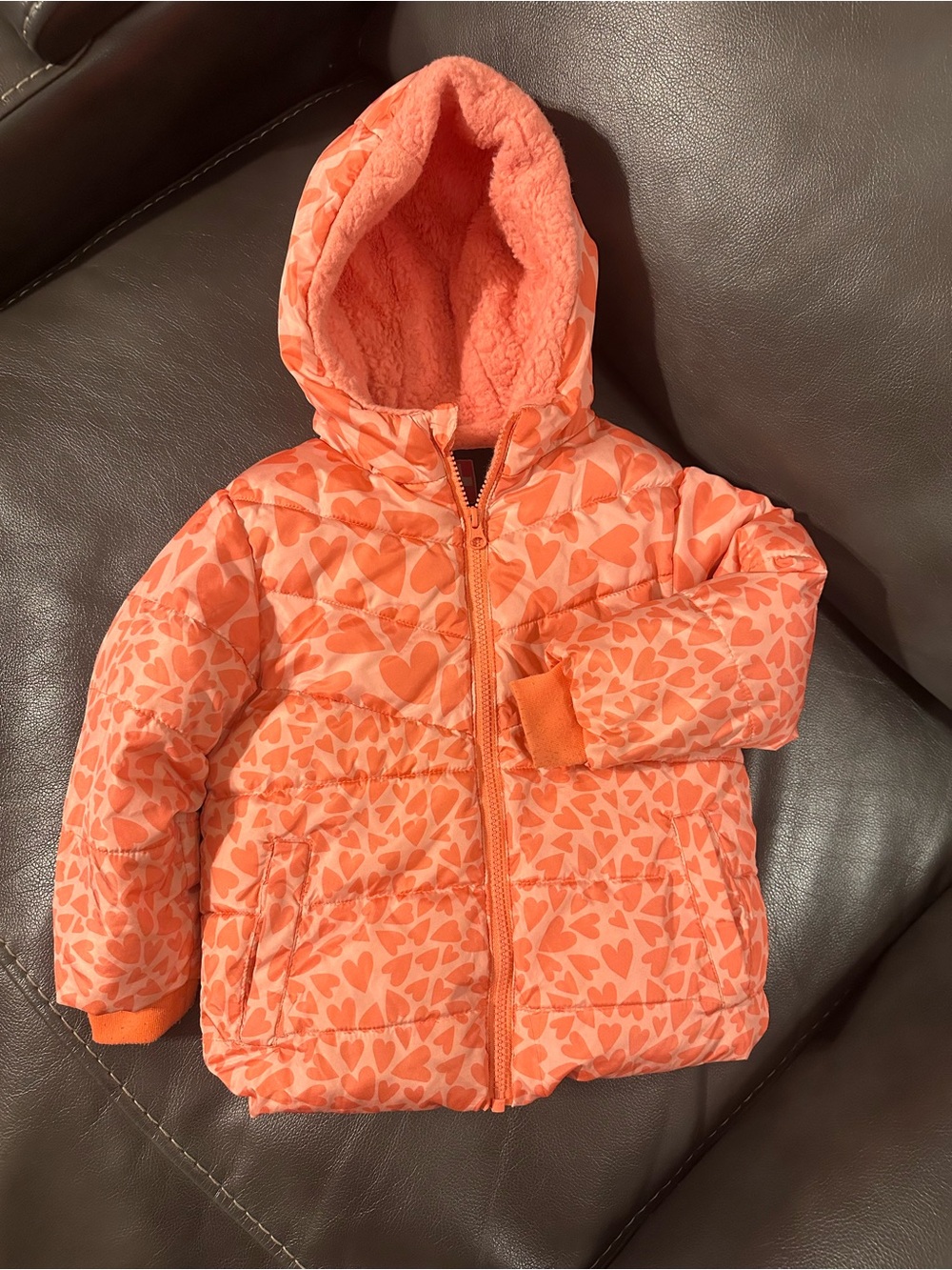 Swiss Tech Girls' Heart-Print Hooded Puffer Jacket in Peach